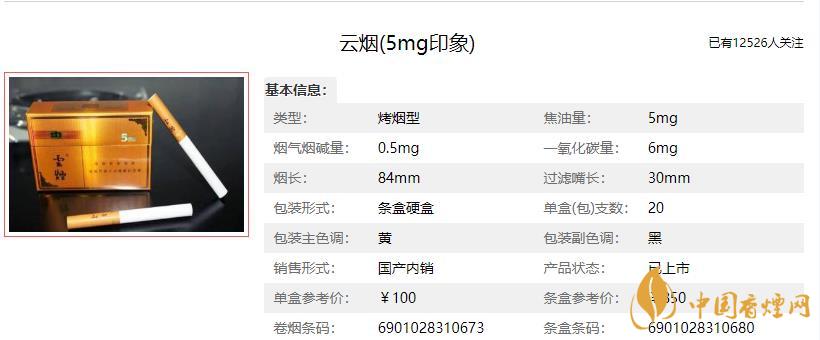 云煙5mg印象多少錢一包 云煙5mg印象最新價格